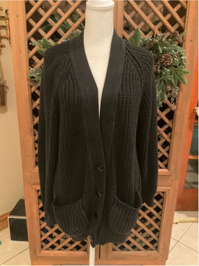 Vintage Jaeger Black Chunky Knit Cardigan Made in Great Britain Size Small